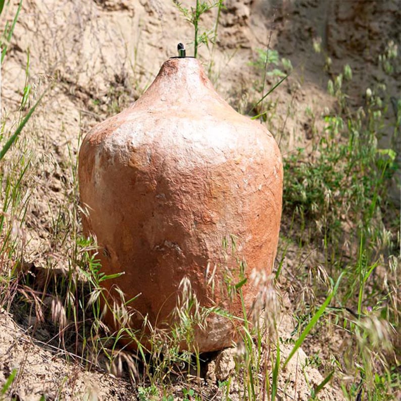 Op de afbeelding: Een groot, roodbruin, getextureerd keramisch vat met een smalle hals en een kleine, donkere dop. Het vat is gedeeltelijk begraven in de grond, omgeven door droog gras en onkruid.