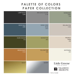 May include: A color palette chart with 12 paint colors from Little Greene Paint & Paper. The colors are arranged in a grid with names and numbers. The colors include Lamp Black (228), Mid Lead Colour (114), Hicks' Blue (208), Olive Colour (72), Middle Buff (122), Gold, Bone China Blue (107), Boxington (84), Normandy Grey (79), Rolling Fog (143), Regency Fawn (30), Yellow-Pink (46), Whitening (41), and Silver.