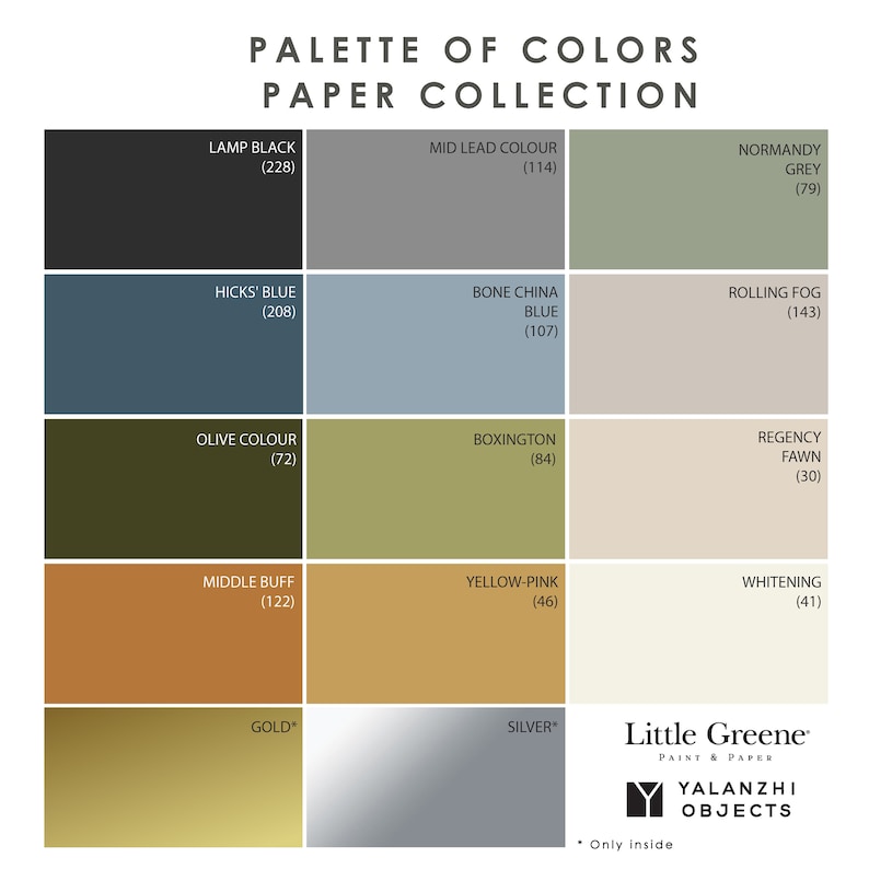 May include: A color palette chart with 12 paint colors from Little Greene Paint & Paper. The colors are arranged in a grid with names and numbers. The colors include Lamp Black (228), Mid Lead Colour (114), Hicks' Blue (208), Olive Colour (72), Middle Buff (122), Gold, Bone China Blue (107), Boxington (84), Normandy Grey (79), Rolling Fog (143), Regency Fawn (30), Yellow-Pink (46), Whitening (41), and Silver.