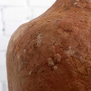 Op de afbeelding: Close-up van een grote, getextureerde, roodbruine keramische vaas. Het oppervlak heeft een ruwe, verweerde uitstraling met lichtere vlekken. De vaas heeft een afgeronde schouder en een smalle hals, wat wijst op een rustiek of ambachtelijk ontwerp.