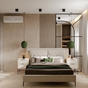 K&ouml;nnte beinhalten: Ein modernes Schlafzimmer mit einem beigefarbenen Kopfteil und einer gr&uuml;n-braunen Bettdecke. Der Raum hat eine Holzvert&auml;felung mit einem schwarzen Metallteiler und eine wei&szlig;e Decke mit Einbauleuchten.