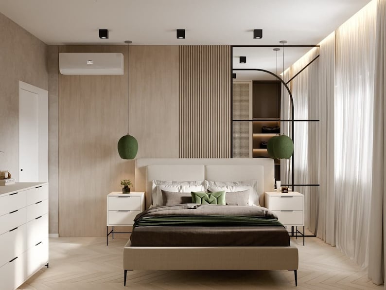 K&ouml;nnte beinhalten: Ein modernes Schlafzimmer mit einem beigefarbenen Kopfteil und einer gr&uuml;n-braunen Bettdecke. Der Raum hat eine Holzvert&auml;felung mit einem schwarzen Metallteiler und eine wei&szlig;e Decke mit Einbauleuchten.