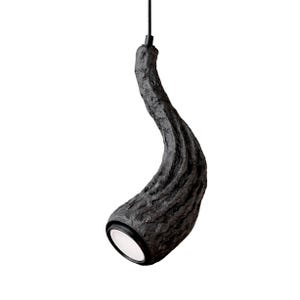 Può includere: Una lampada a sospensione nera e strutturata a forma di corno curvo. La luce ha un interno bianco e un bordo nero. La lampada è appesa a un cavo nero su sfondo bianco.