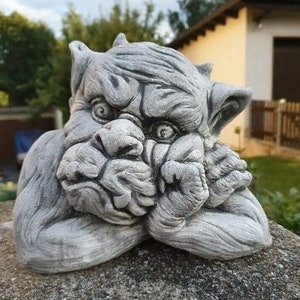 Contemplative Gargoyle Stone Statue - Unique Garden Decor - Handmade Gothic Sculpture - Weatherproof Outdoor Ornament