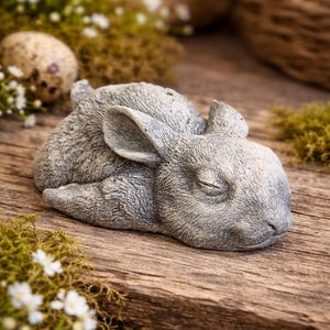 Op de afbeelding: Een grijze, slapende konijnfiguur met gedetailleerde vachttextuur. Het konijn ligt op een houten oppervlak, omringd door groen en kleine witte bloemen. Een decoratief item voor woondecoratie.