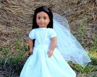 Doll Wedding Dress and Veil, 18 Inch Doll Gown