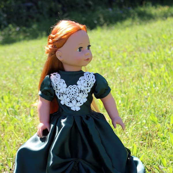 Green Satin Civil War Ball Gown with Lace Bodice, 18 Inch Doll Clothes