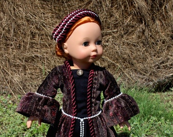 Tudor Renaissance Dress with Hat for 18 Inch Doll, Historical Fashion for Kids, AG Clothing, Fancy Dresses, Medieval Uniforms, Birthday Gift