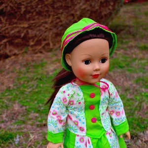 Pink and Green Colonial Doll Dress with Bonnet for 18 Inch Doll, Dolls of America, Historical Reenactment Costumes, Birthday Party Gift Idea