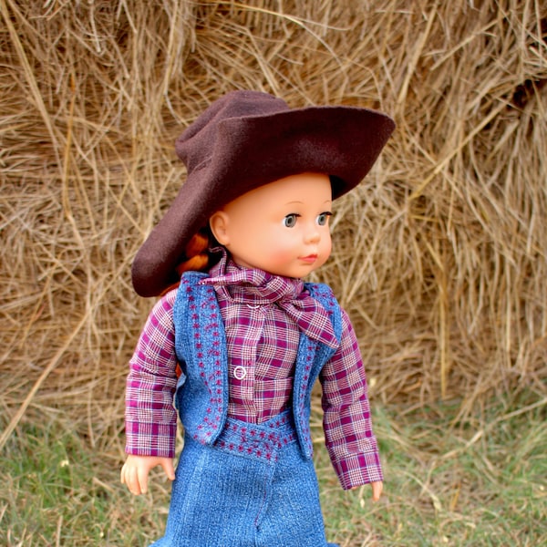 Cowgirl Outfit for 18 Inch Doll, Cowboy Hat, Tied Bandana, Cowboy Boots, Denim Vest and Skirt, Plaid Shirt, Great Christmas Gifts for Girls