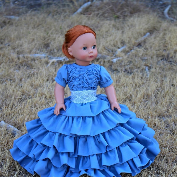 Blue Civil War Doll Dress with Smocked Bodice, Ruffles and Petticoat, 18 Inch Doll Clothes, Gifts for Girls, Handmade Historical Kid Toys