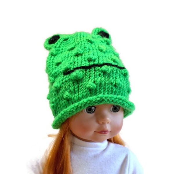Doll Frog Winter Hat, 18 Inch Doll Clothes, Baby Doll Hat, Gifts for Little Girls, Christmas Gift Ideas, Animal Hats for Dolls, Birthday