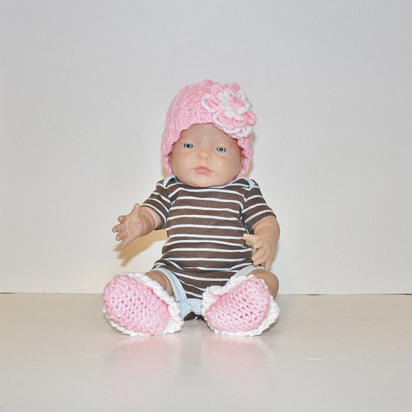 Baby Doll Hat and Booties Set with Flower, Dolly Clothing, New Baby Outfit, Birthday Party Gift Ideas, Preemie Sized, Life Size Doll Clothes