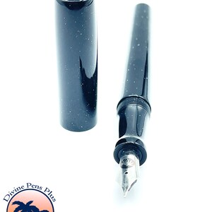 May include: A black fountain pen with a starry, speckled design. The pen's cap is detached, revealing the nib. The pen is from Divine Pens Plus, Palm Bay, FL.
