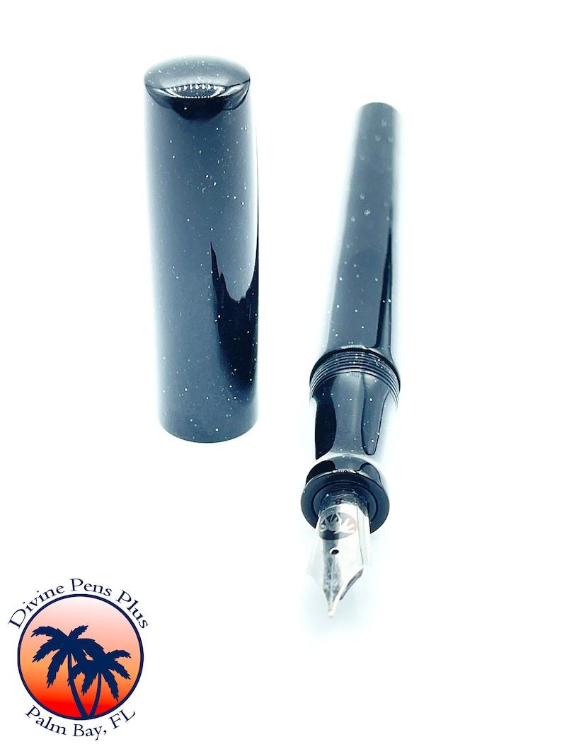 May include: A black fountain pen with a starry, speckled design. The pen's cap is detached, revealing the nib. The pen is from Divine Pens Plus, Palm Bay, FL.
