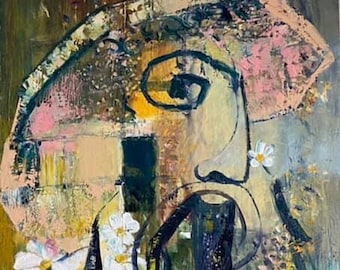 May include: Abstract painting with a colorful, textured style. The painting features a figure with a large eye, a pink and yellow background, and white flowers.