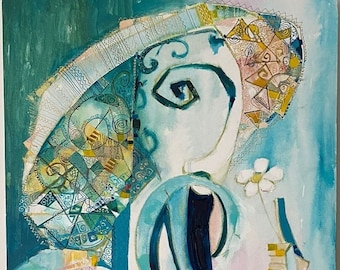 May include: Abstract painting with a teal, blue, pink, and yellow color scheme. The painting features a stylized face with a large eye and a flower.