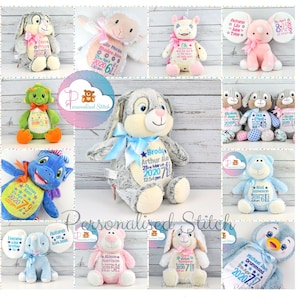 May include: A collection of personalised plush toys in various colours and animal designs. Each toy features embroidered details, including names, dates, and messages. The toys are perfect for baby showers, birthdays, or any special occasion.