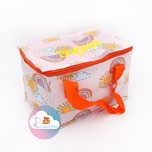 Personalised Kids Pink Sunshine Rainbow Lunch Box Lunch Bag | Embroidered Back to School Lunch bag | Personalized Bag Nursery Bag Lunch Bag