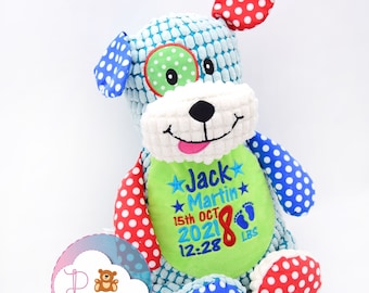 Urso de pelúcia personalizado, cubinhos de cachorro, bordado, animal de pelúcia, presente personalizado, lembrança de bebê, presente recém-nascido, pelúcia, presente de menino