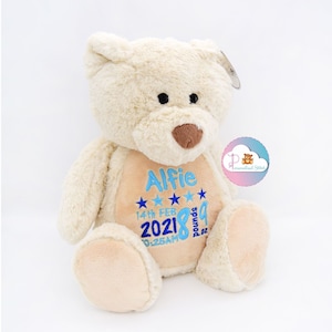 Personalisierter Teddybär für Baby, Personalisiertes Geschenk, Stofftier, Geburtstagsgeschenk, Baby Geburtsanzeige, Neues Baby Geschenk, Geburt Teddy