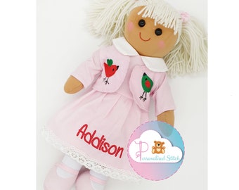 Personalised Rag Doll Pink Bird Embroidered Birthday Baby Gift Christening Personalized Doll Baby Birth Keepsake Baby Girl Baby Shower