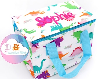 Boîte à lunch personnalisée Bright Dinosaur | Sac Brodé Sac à Lunch | Sac d’école personnalisé pour enfants | Sac à lunch isotherme