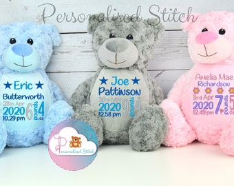 Personalised Embroidered Teddy Rosebud Bear Personalized Teddies Baby Gift Baby Keepsake Personalised stuffed animal Newborn Gift Baby Stats