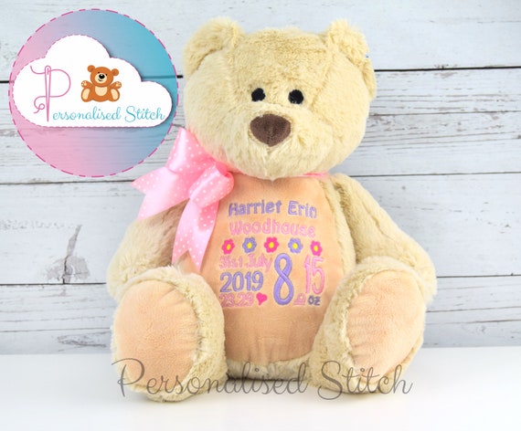Personalised Teddy Bear Personalized Stuffed Animal Teddies Birthday Gift Birth Announcement New baby gift Birth Teddy Plushie Baby Stats