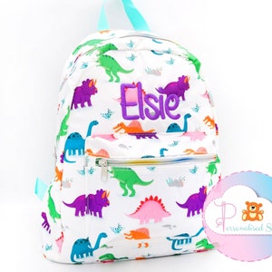 Personalised Backpack Kids Bright Dinosaur | Embroidered Backpack | Cute Girly Rucksack Personalized Bag School Nursery Bag