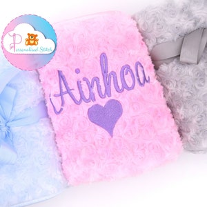 Personalised Baby Blanket Embroidered | Baby Rosebud Blanket | Baby Name Customised New born Gift | Girl & Boy | Pink | Grey | Blue | Cot