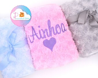 Personalised Baby Blanket Embroidered | Baby Rosebud Blanket | Baby Name Customised New born Gift | Girl & Boy | Pink | Grey | Blue | Cot