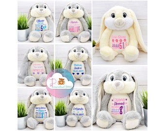 Personalised Teddy Bear Soft Toy Bunny | Easter Bunny Gift Personalised Birthday Gift | Grey White Pink | Birth Shower Gift New Baby gift