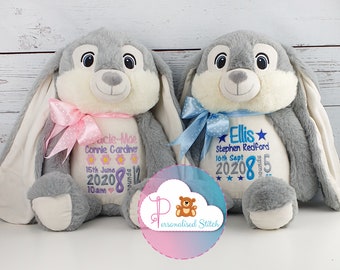 Personalised Teddy Bear Bunny Rabbit Grey Bunny Easter Bunny Gift Personalised Birthday Gift Stuffed Animal Birth shower gift New Baby gift