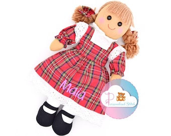 Boneca de pano personalizada com bordado xadrez escocês, presente de aniversário para bebê, batizado, lembrança de nascimento, chá de bebê para menina.