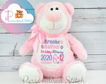 Personalised Pink Teddy Bear Embroidered Teddies Embroidered Birthday gift Stuffed Animal Baby shower gift New baby gift Keepsake