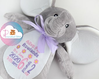 Gepersonaliseerde Teddy Bear Elephant gepersonaliseerde gift gevuld dier verjaardag gift baby geboorte aankondiging nieuwe baby cadeau Geboorte Teddy Baby Stats