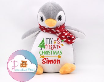 Personalised Christmas Penguin Soft Toy Teddy Bear Embroidered Teddy Personalized Christmas Gift My First Christmas Baby Gift Keepsake