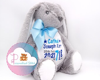 Brinquedo macio bordado personalizado do coelho do urso de pelúcia cinzento/presente do coelhinho da páscoa/presente personalizado/bicho de pelúcia personalizado/novo presente do bebê