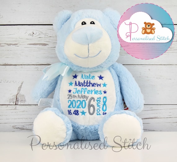 Personalised Blue Teddy Bear Embroidered Birthday gift Embroidered Stuffed  Animal Baby shower gift New baby gift Keepsake Baby boy Teddies