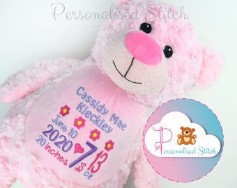 Personalised Pink Teddy Bear Personalized Soft Toy Baby Gift Keepsake Embroidered Teddies  stuffed animal Newborn Gift Baby Stats