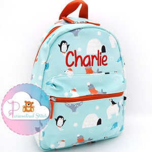 Sac à dos personnalisé pour filles et garçons | Sac à dos Polar Kids Sac d’école brodé | Sac à dos Sac de chambre d’enfant personnalisé | Ours polaire pingouin