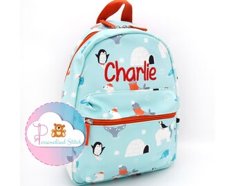 Sac à dos personnalisé pour filles et garçons | Sac à dos Polar Kids Sac d’école brodé | Sac à dos Sac de chambre d’enfant personnalisé | Ours polaire pingouin