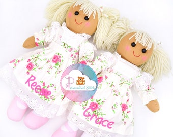 Personalised Rag Dolls Girls Rose Embroidered | Birthday Baby Gift For Her | Personalized Doll | Baby Birth Keepsake Baby Shower Gift
