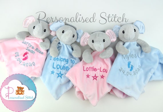 Personalised elephant comfort blanket comforter snuggy with a name baby gift 