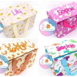 Boîte à lunch brodée personnalisée pour filles Licorne assortie | Abeille | Dinosaure | Sac à lunch personnalisé | Sac à lunch isotherme pour école