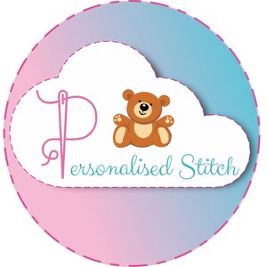 May include: A pink and blue circular logo with a white cloud containing a needle and thread, a brown teddy bear, and the text "Personalised Stitch".