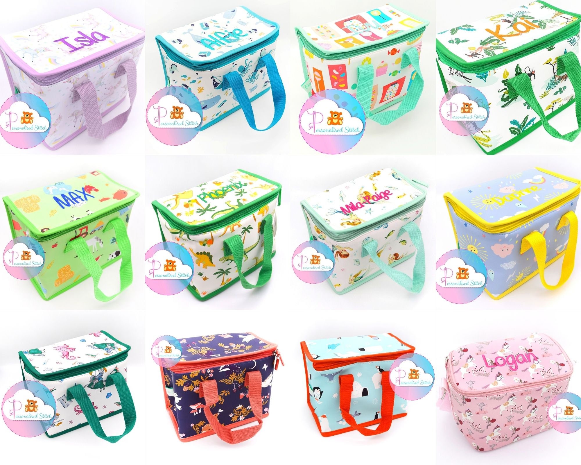 Personalised Embroidered Kids Lunch Box | Bag Back to School | Nursery Assorted Unicorn | Dinosaur | Girls & Boys Lunch Bags  Personalized