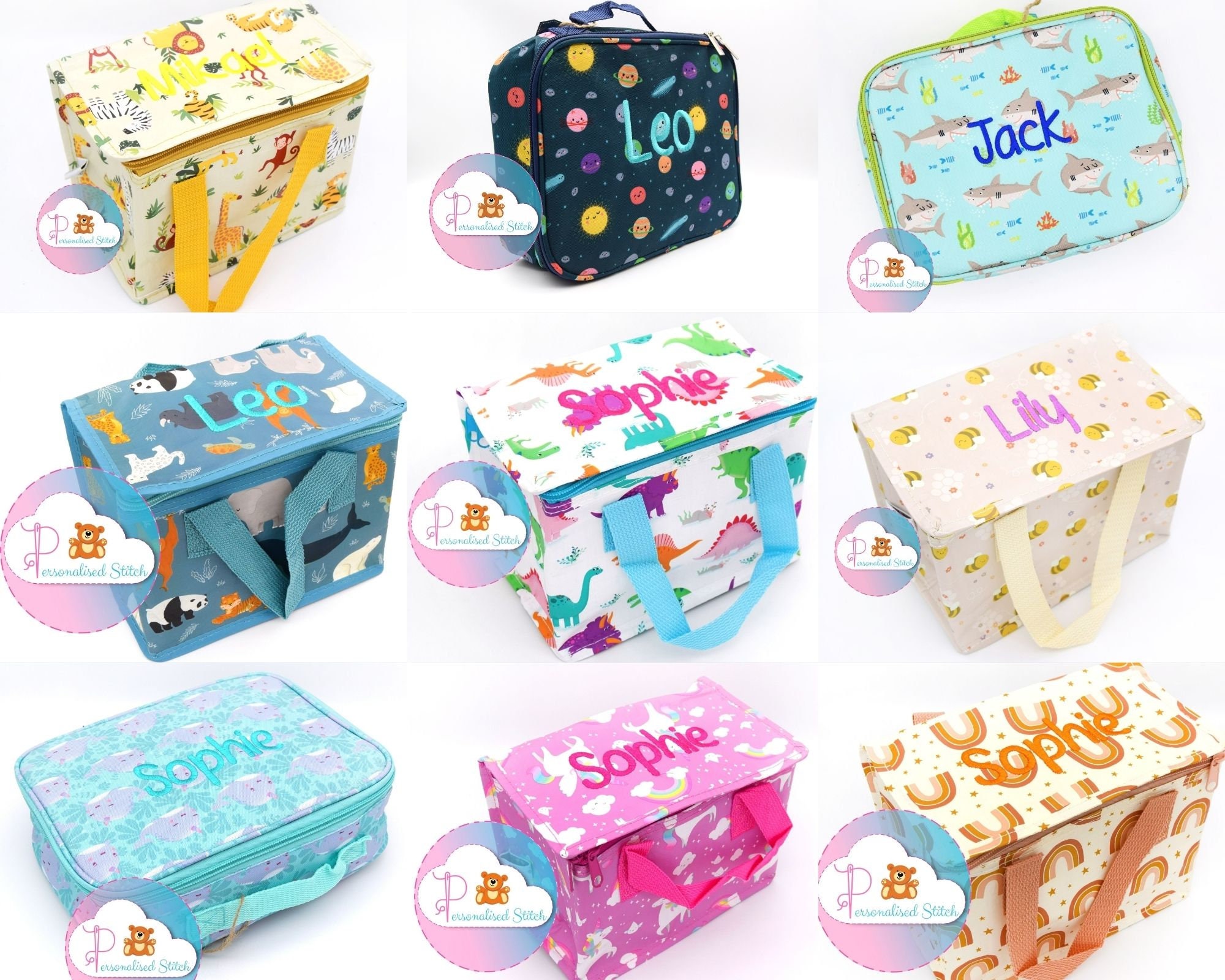 Lancheira bordada personalizada de volta às aulas | Berçário infantil para meninos e meninas, sortido | Unicórnio | Dinossauro | Bolsa personalizada para lancheira