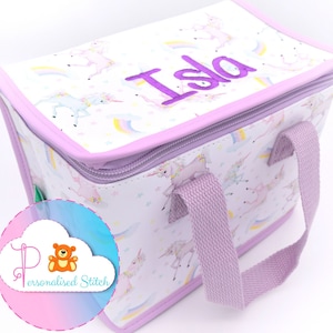 Personalisierte Einhorn Mädchen Lunch Bag | Bestickte Mädchen Lunchbox | Personalisierte Tasche Schule Kinderzimmer Tasche | Zurück in die Schule | Schultüten